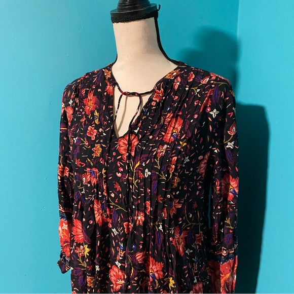 Old Navy S Black Dark Floral Multicolor Babydoll Tie Neck Mini Dress Pleated - Picture 3 of 5